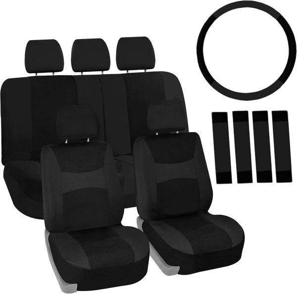 FH Group Full Set Cloth Car Seat Covers, Universal Fit Front and Split Bench Rear, Airbag Compatible, Washable for SUV, Sedan, Van - Black