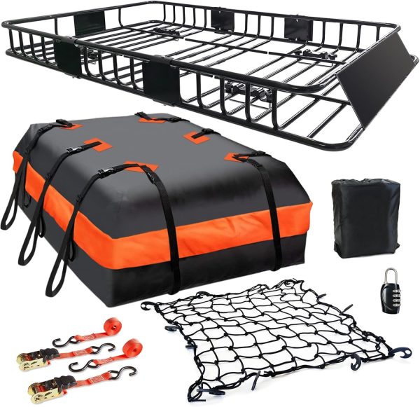 MeeFar Roof Rack Carrier Basket Universal Rooftop 65" X 39" X 6" Large Size Roof Rack + Waterproof Bag 20 Cubic Feet (51" 40" 17"), and Cargo Net with Attachment Hooks, Ratchet Straps