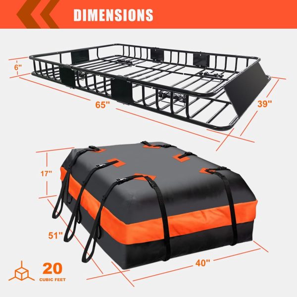 MeeFar Roof Rack Carrier Basket Universal Rooftop 65" X 39" X 6" Large Size Roof Rack + Waterproof Bag 20 Cubic Feet (51" 40" 17"), and Cargo Net with Attachment Hooks, Ratchet Straps - Image 2