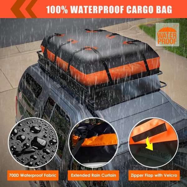 MeeFar Roof Rack Carrier Basket Universal Rooftop 65" X 39" X 6" Large Size Roof Rack + Waterproof Bag 20 Cubic Feet (51" 40" 17"), and Cargo Net with Attachment Hooks, Ratchet Straps - Image 6