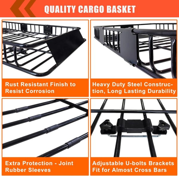 MeeFar Roof Rack Carrier Basket Universal Rooftop 65" X 39" X 6" Large Size Roof Rack + Waterproof Bag 20 Cubic Feet (51" 40" 17"), and Cargo Net with Attachment Hooks, Ratchet Straps - Image 7